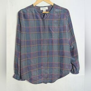 Vintage Argenti Silk Sz 10 Blue And Green Plaid Shirt Collarless